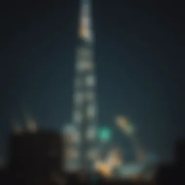 Nighttime illumination of Al Noor Tower against the city lights