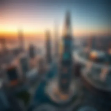 Aerial shot showcasing the unique structure of Al Safa Tower amidst Dubai's skyline