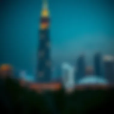 Nighttime capture of Al Safa Tower illuminated against the Dubai skyline
