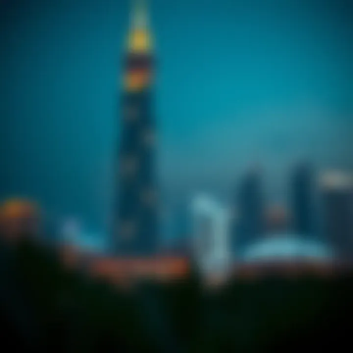 Nighttime capture of Al Safa Tower illuminated against the Dubai skyline