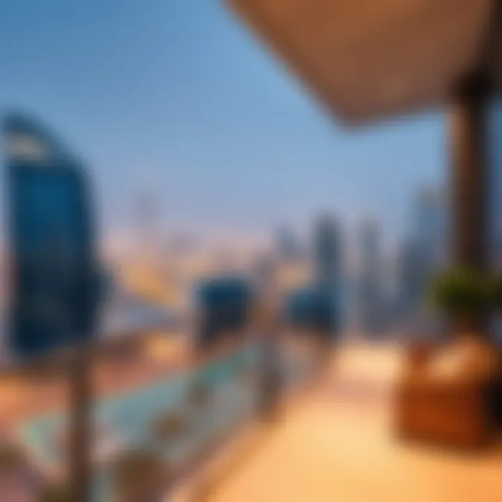 Panoramic skyline view from a balcony at Al Shafar Tower emphasizing urban lifestyle.