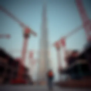 Construction site of Burj Khalifa showcasing cranes and workers