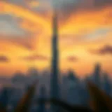 Panoramic view of Burj Khalifa skyline at sunset
