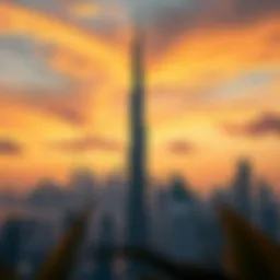 Panoramic view of Burj Khalifa skyline at sunset