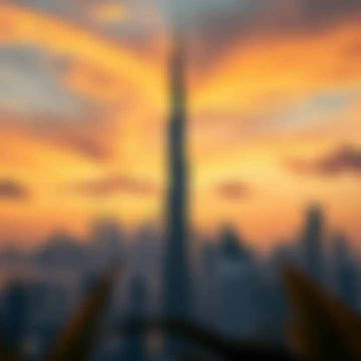 Panoramic view of Burj Khalifa skyline at sunset