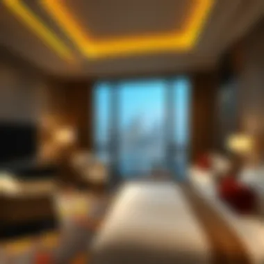 Luxurious guest room with elegant furnishings and city views