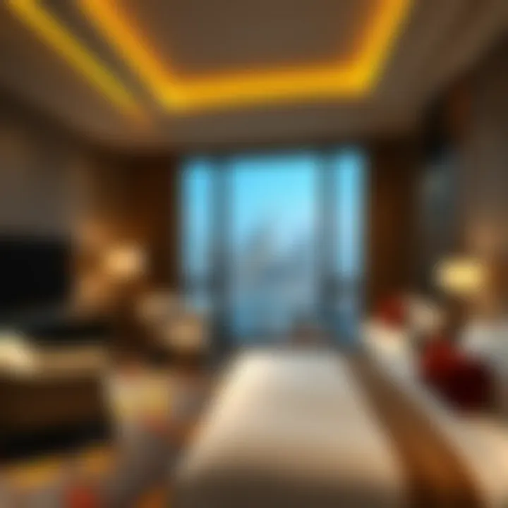 Luxurious guest room with elegant furnishings and city views