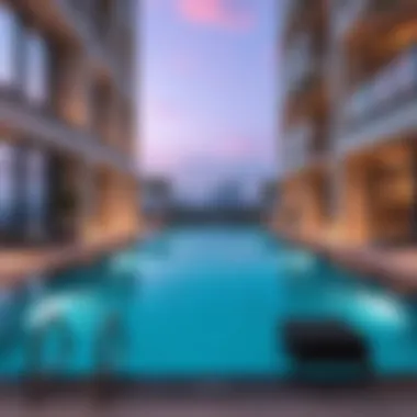 Luxurious amenities within Dec Tower including a swimming pool and lounge area.