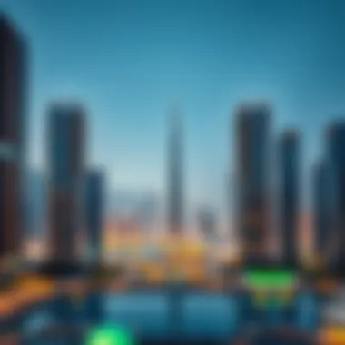 Dubai Skyline with Arch Tower Panoramic skyline view featuring Dubai Arch Tower among other iconic structures