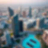 A stunning aerial view of Dubai Tecom showcasing its modern skyline and luxurious buildings.