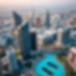 A stunning aerial view of Dubai Tecom showcasing its modern skyline and luxurious buildings.