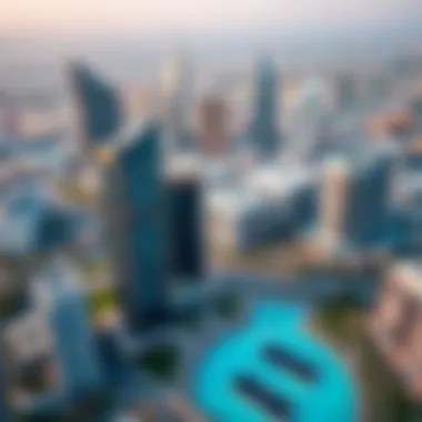 A stunning aerial view of Dubai Tecom showcasing its modern skyline and luxurious buildings.