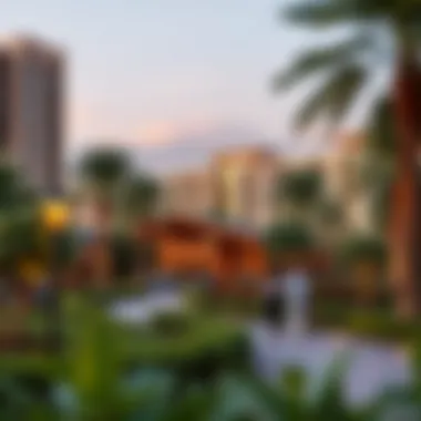 A vibrant community park in Dubai Tecom, highlighting green spaces and recreational facilities for residents.