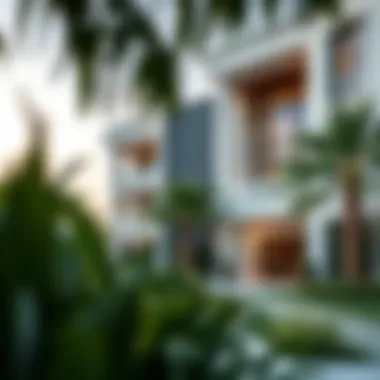 An elegant residential building in Dubai Tecom featuring contemporary architecture and lush landscaping.