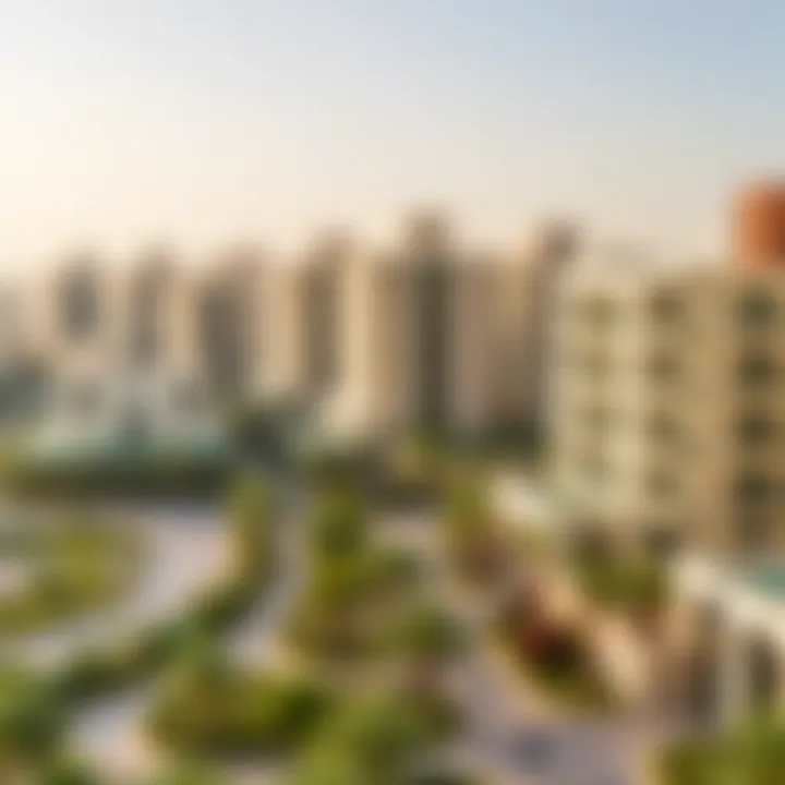 Panoramic View of Al Warqa's Modern Architecture A panoramic view of Al Warqa showcasing modern architecture and greenery