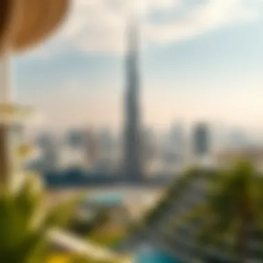 A panoramic view of the Burj Khalifa surrounded by modern architecture and lush greenery.