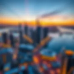 Panoramic view of Dubai Creek Harbour at sunset