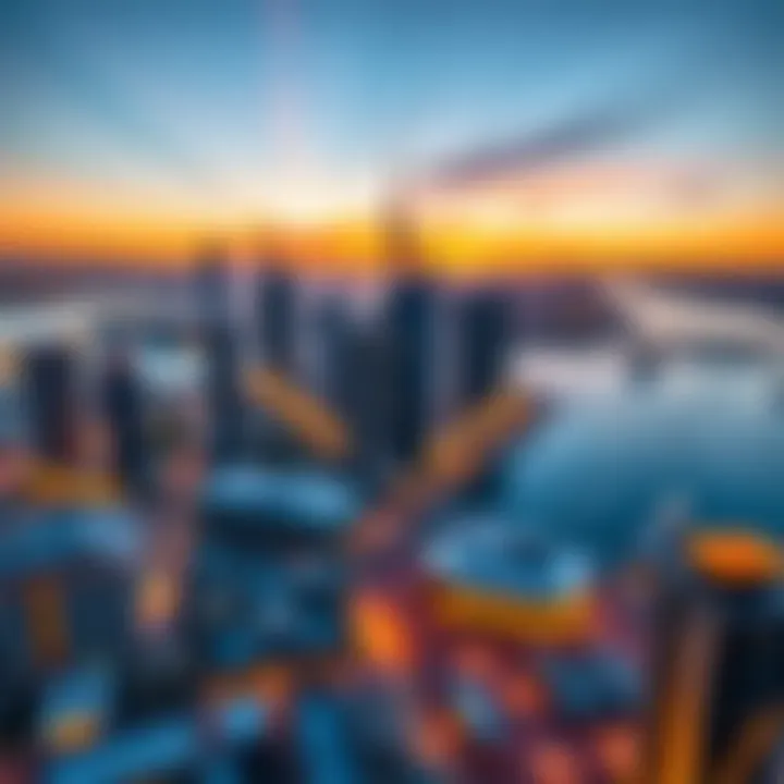 Breathtaking Sunset Over Dubai Creek Harbour Panoramic view of Dubai Creek Harbour at sunset