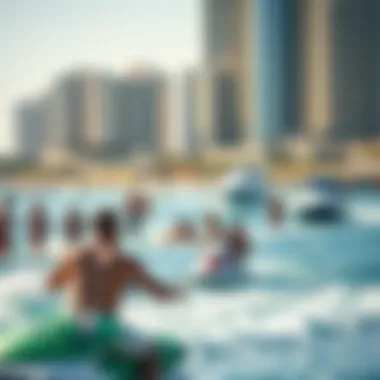 Vibrant scene of beachgoers enjoying water sports and leisure activities at JBR Beach.