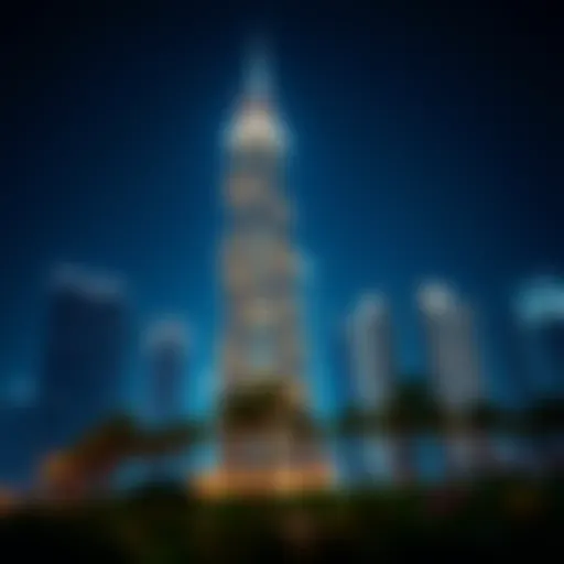 Stunning view of Escan Tower illuminated at night