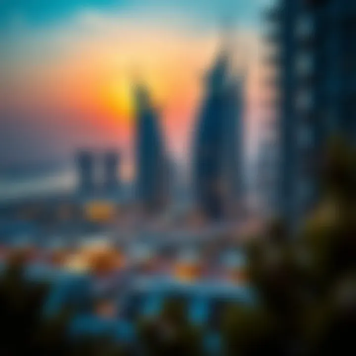 Stunning view of Etihad Towers with vibrant sunset