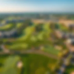 A breathtaking aerial view of Golf Green in Damac Hills showcasing its lush fairways and scenic surroundings