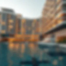 Luxurious marina hotel exterior showcasing modern architecture