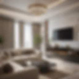 Elegant living room showcasing modern design elements in a luxury apartment in Barsha