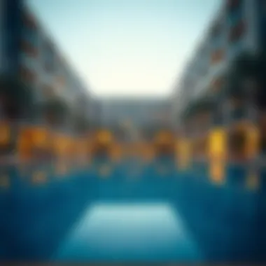 Tranquil outdoor pool area of a serviced apartment complex