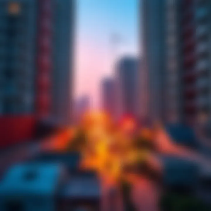 Vibrant Neighborhood Near High-Rises A vibrant neighborhood scene beneath the shadow of high-rise buildings