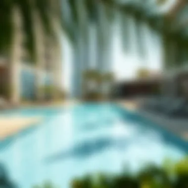 Exquisite swimming pool area at Sparkle Tower surrounded by greenery