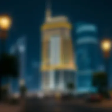 Night view of the Al Jaziri Building illuminated, highlighting its grandeur in the Dubai skyline