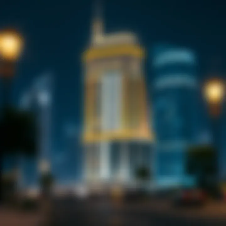 Night view of the Al Jaziri Building illuminated, highlighting its grandeur in the Dubai skyline