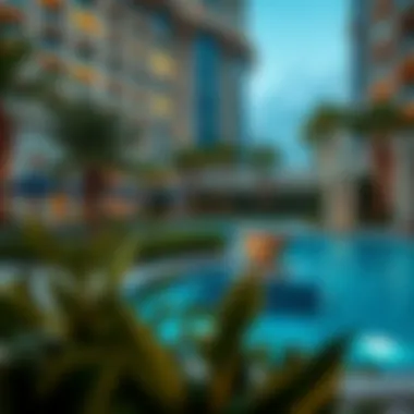 Exquisite Pool Area at Grand Bleu Grand Bleu’s exquisite pool area surrounded by elegant landscaping