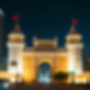 Cultural Significance of City Gates at Night A city gate illuminated at night, highlighting its cultural significance