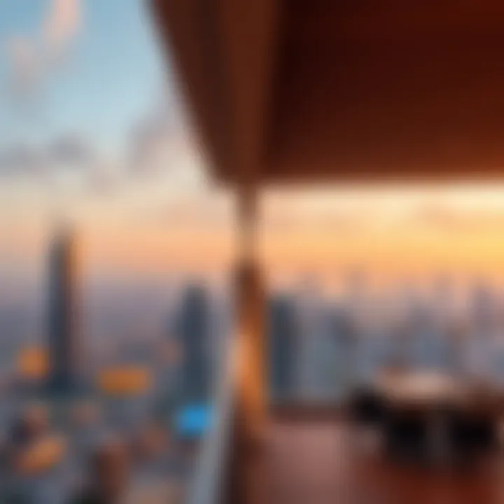 Panoramic view of the Dubai skyline from the rooftop terrace of Majestine Tower