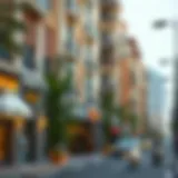 A vibrant street scene showcasing local architecture and urban life.