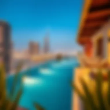 Stylish rooftop pool area with panoramic views of Dubai skyline