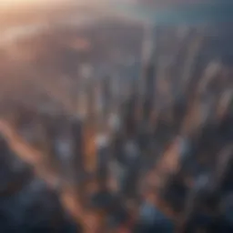 Aerial view of a modern city skyline with digital overlays