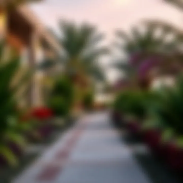 Vibrant pathways lined with exotic flora and greenery in the Gardens of Jebel Ali