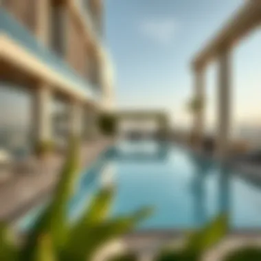 Amenities including a rooftop pool and wellness center for residents