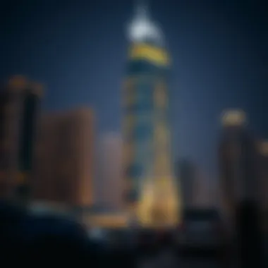 Night view of Marina Heights Tower illuminated in Dubai Marina