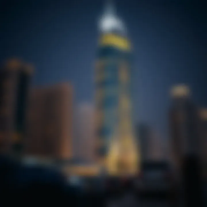 Night view of Marina Heights Tower illuminated in Dubai Marina