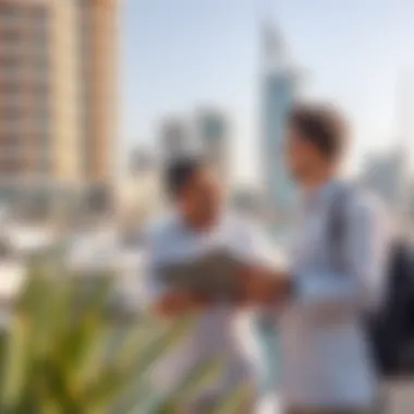 Investors Exploring Opportunities Investors discussing potential opportunities against the backdrop of the marina