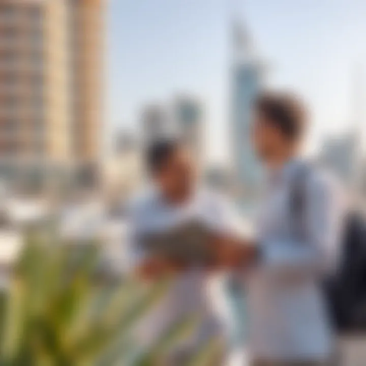 Investors Exploring Opportunities Investors discussing potential opportunities against the backdrop of the marina