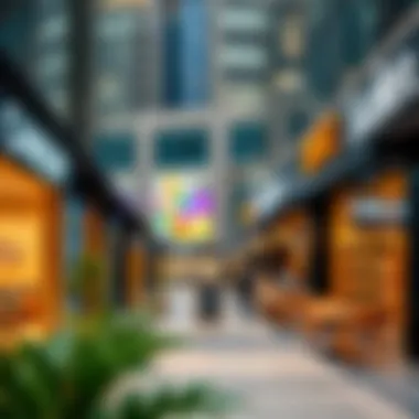 Vibrant lifestyle scene in the Dubai International Financial Centre with cafes and shops