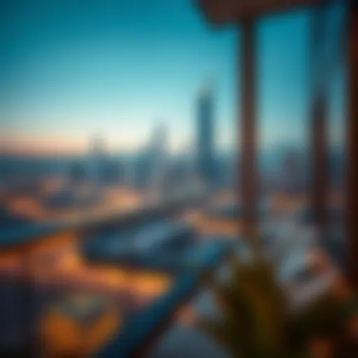 View of a modern luxury apartment balcony overlooking Dubai skyline