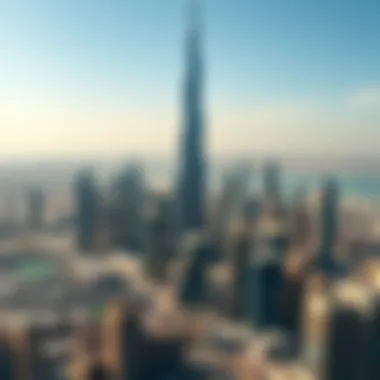 Aerial view of Dubai with Burj Khalifa as the focal point of the skyline