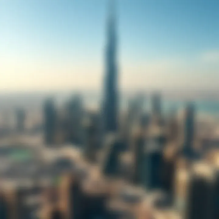 Aerial view of Dubai with Burj Khalifa as the focal point of the skyline