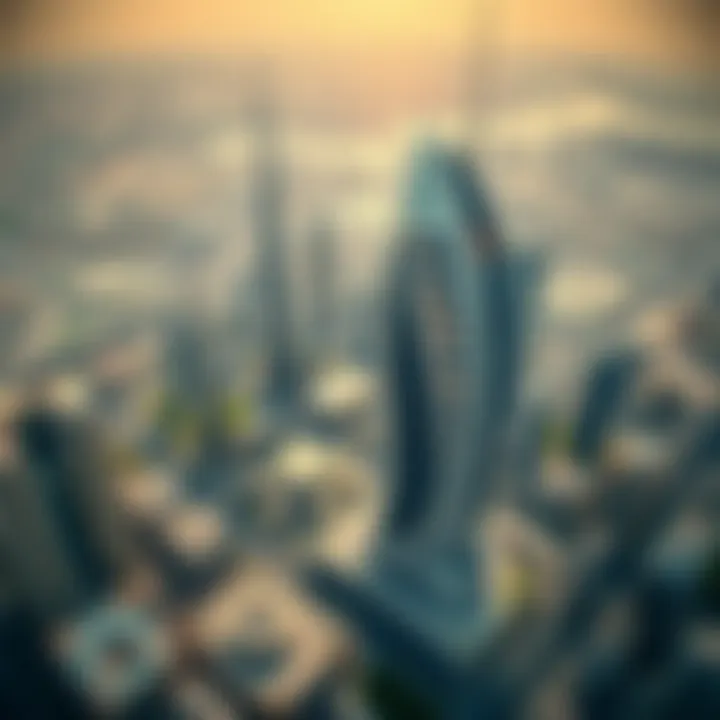 Aerial view of Sheikha Maryam Building in the Dubai skyline
